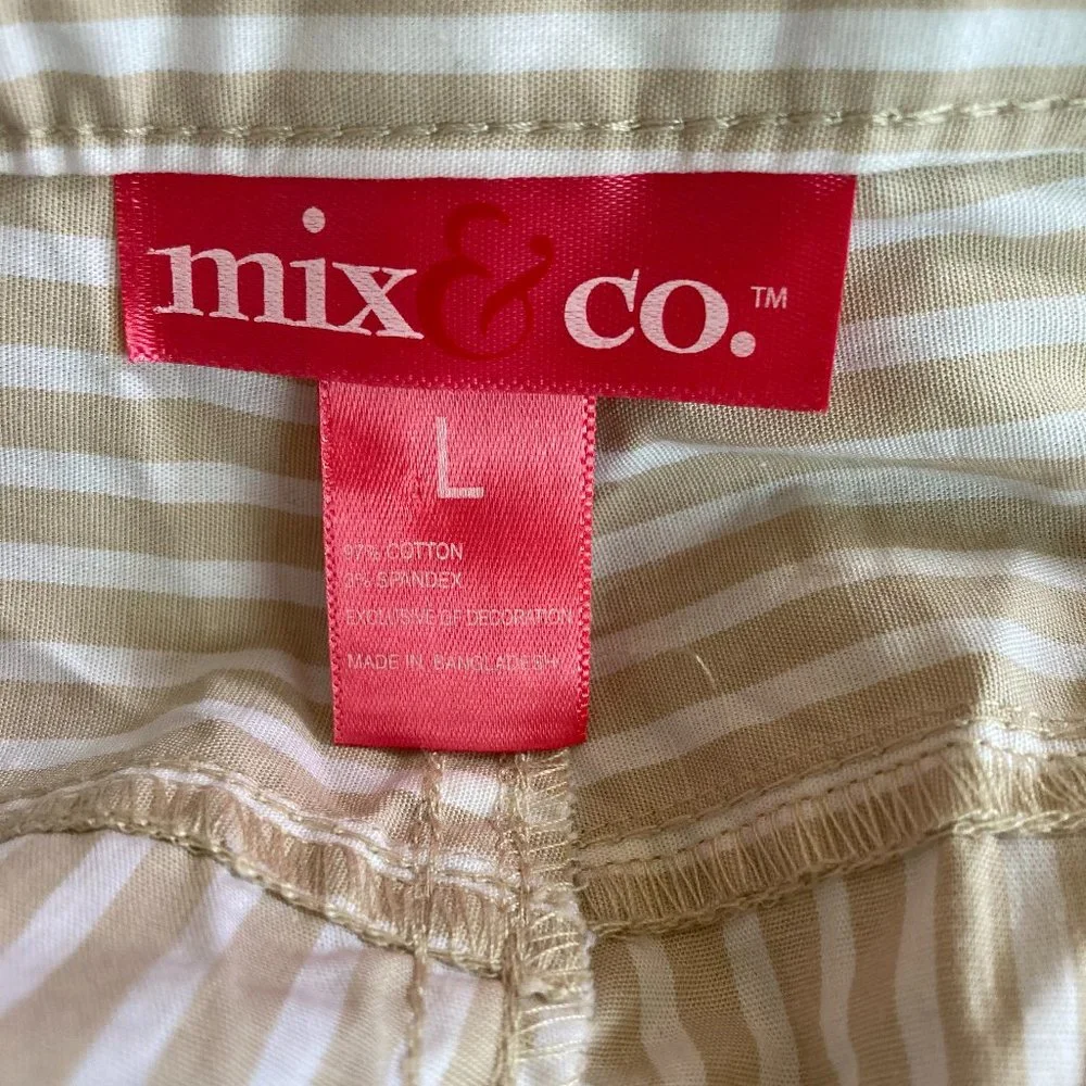 NWT Mix & Co Womens Khaki White Beige Stripe woven short Stretch Pockets Size L - Picture 6 of 7